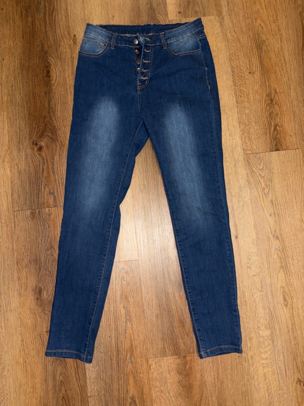 High-Rise Dark Blue Skinny Jeans with Button-Fly